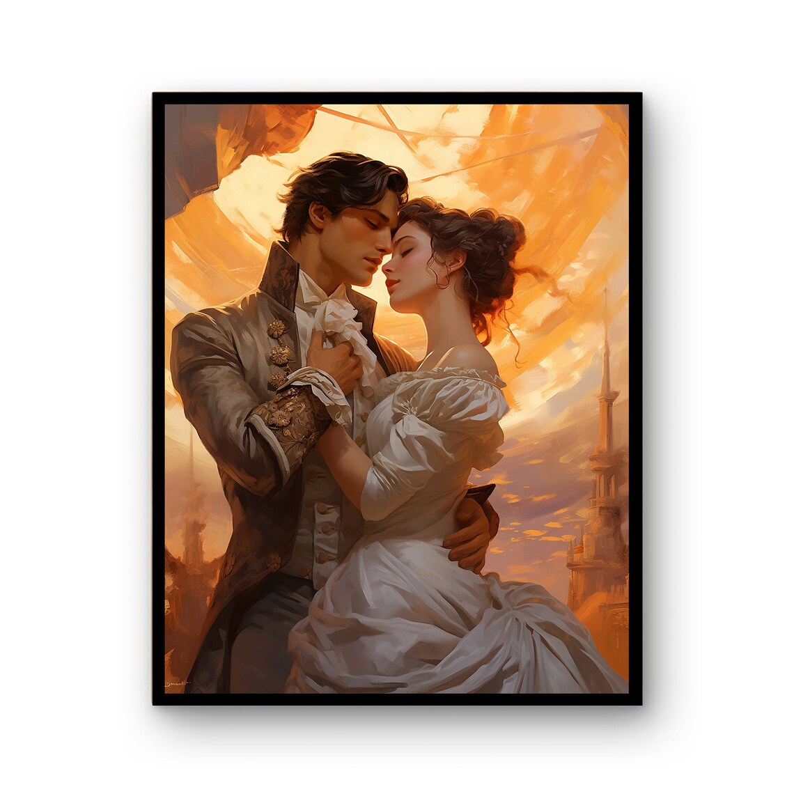 Regency Romance Couple Embrace Golden Sky Oil Painting Style Poster