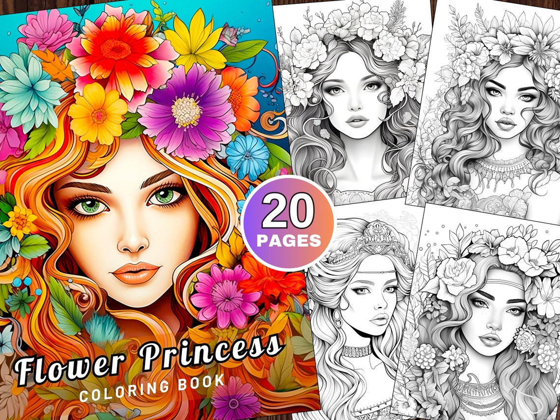 Flower Princess 20 Page Coloring Book Vibrant Floral Cover Print