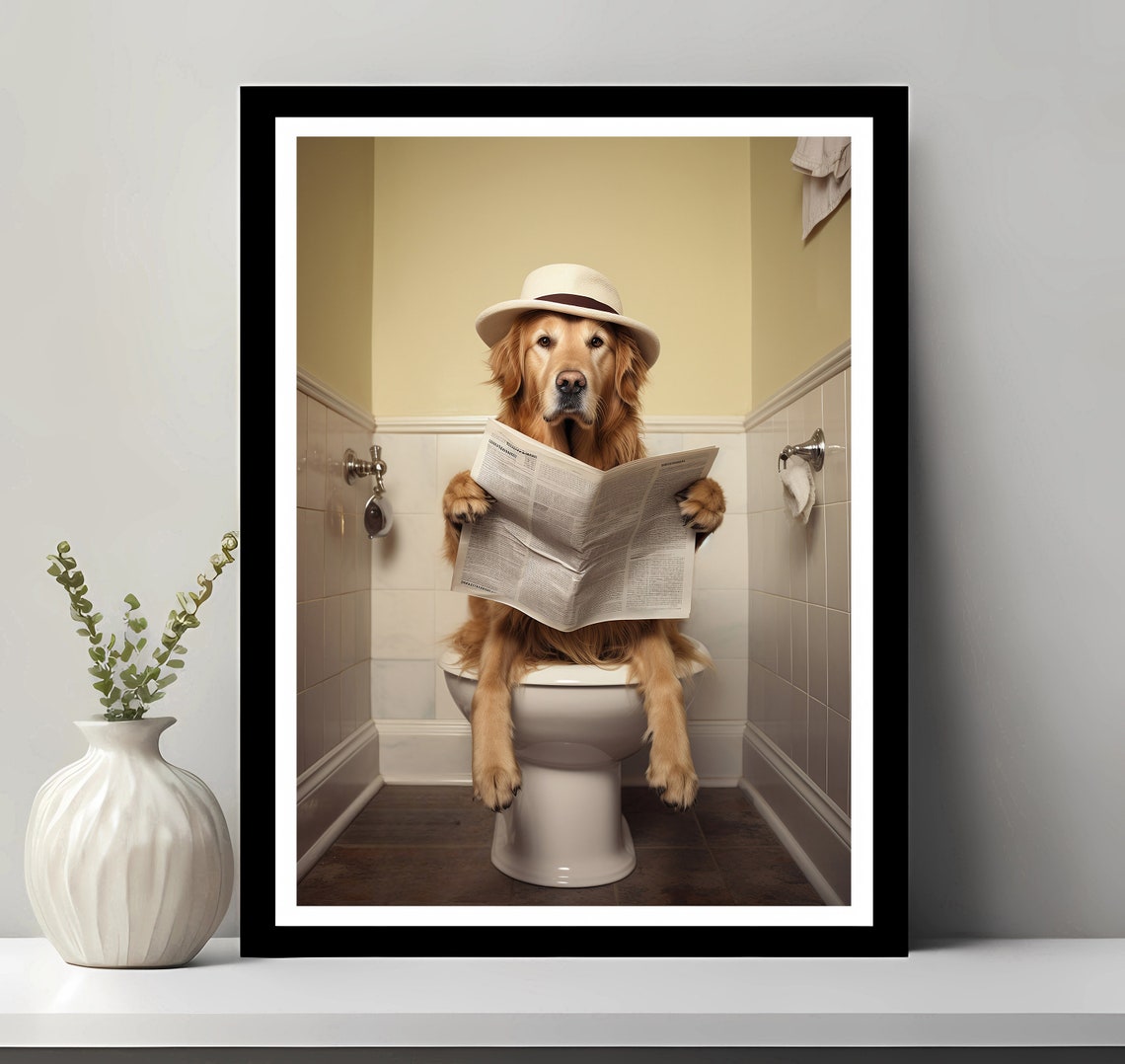 Golden Retriever In Toilet Bathroom Dog Art Print