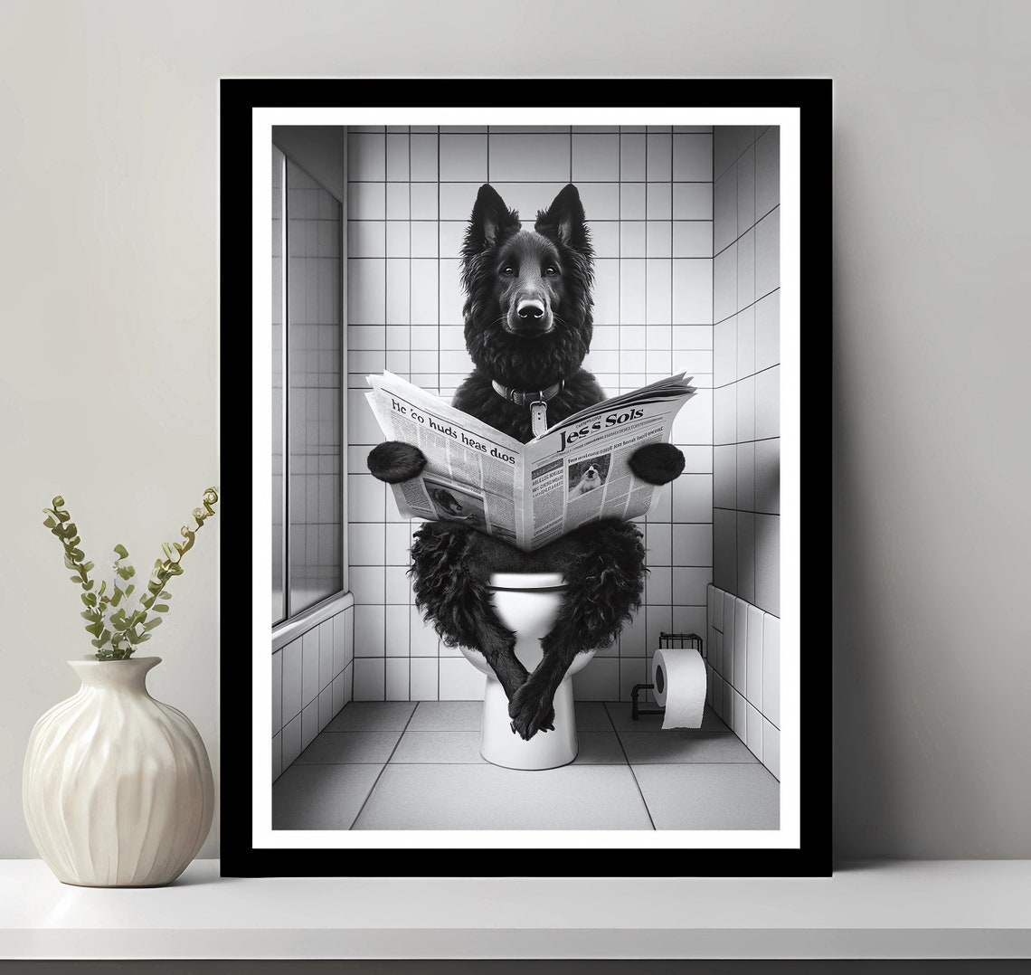Black Belgian Shepherd Dog Reading Newspaper Funny Bathroom Poster