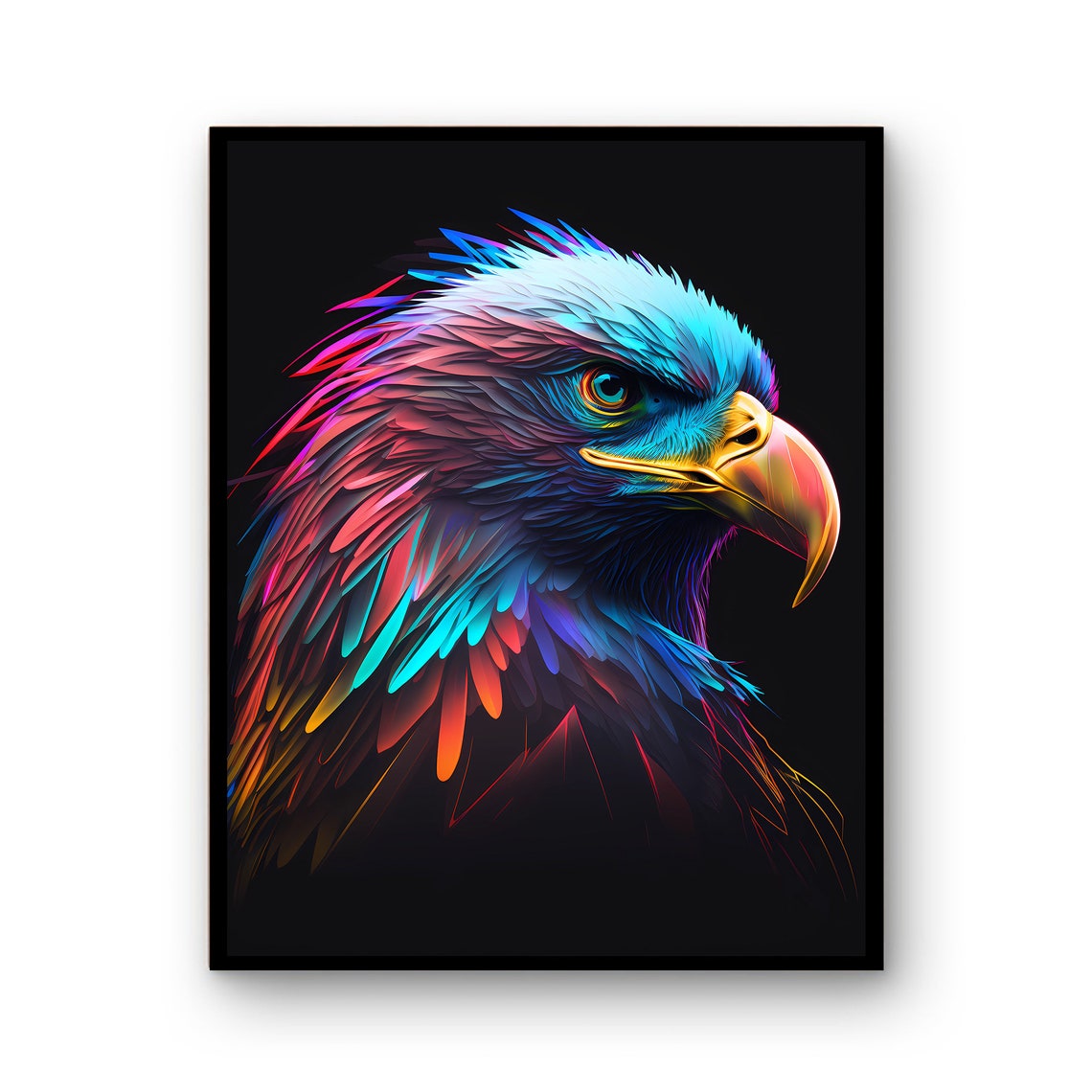 Neon Eagle Portrait Colorful Glow Black Background Wildlife Poster