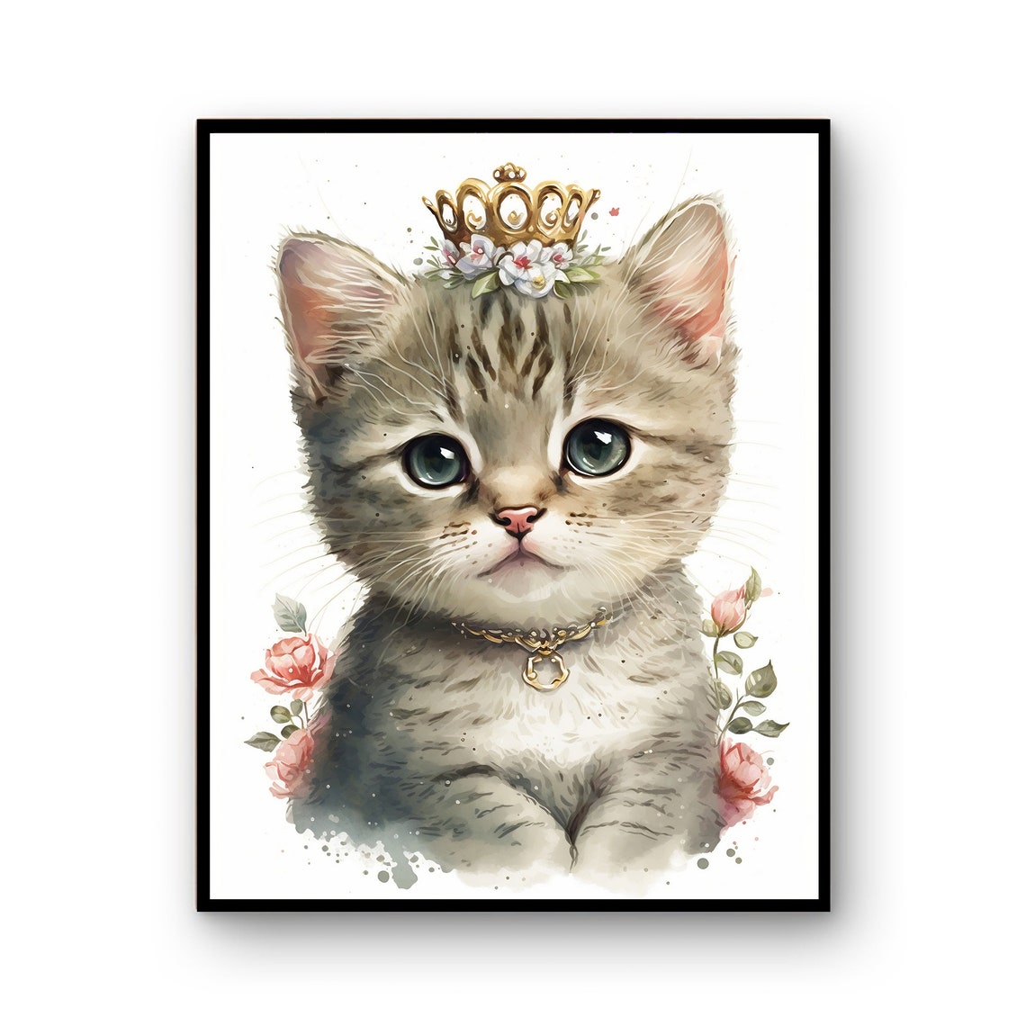 Kitten with Crown Floral Nursery Watercolor Cat Portrait Poster