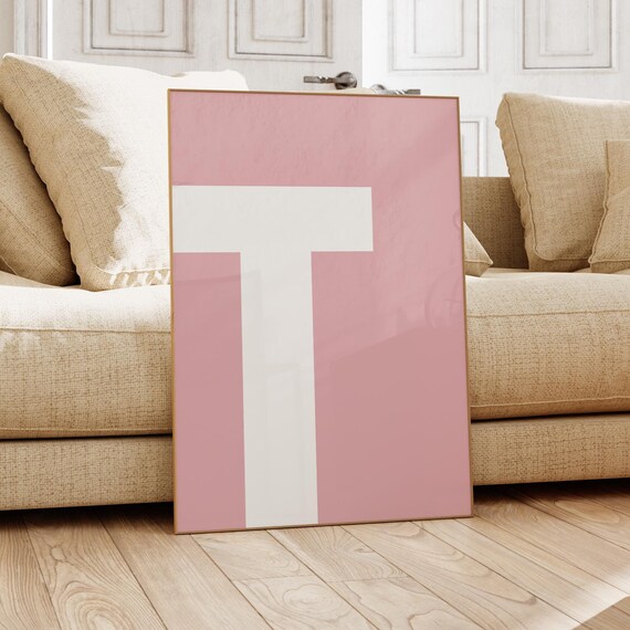 White Letter T Pink Minimal Alphabet Monogram Kids Room Poster