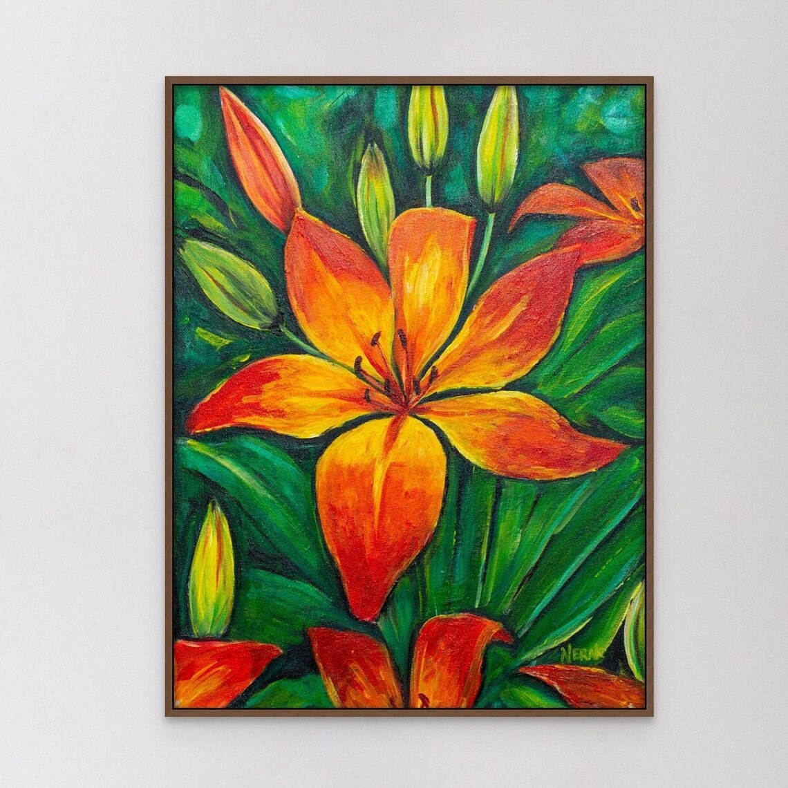 Orange Lilies Vibrant Botanical Painting Green Leaves Floral Poster - Image 5