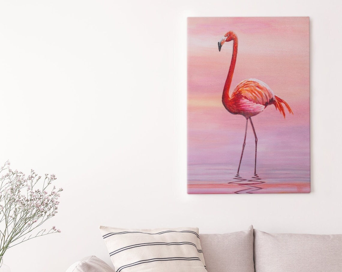 Flamingo Art Tropical Home Decor Colorful Flamingo Art Animal Portrait Art Hand Painted Flamingo Bird Painting Coastal Wall Art Decor - Image 3