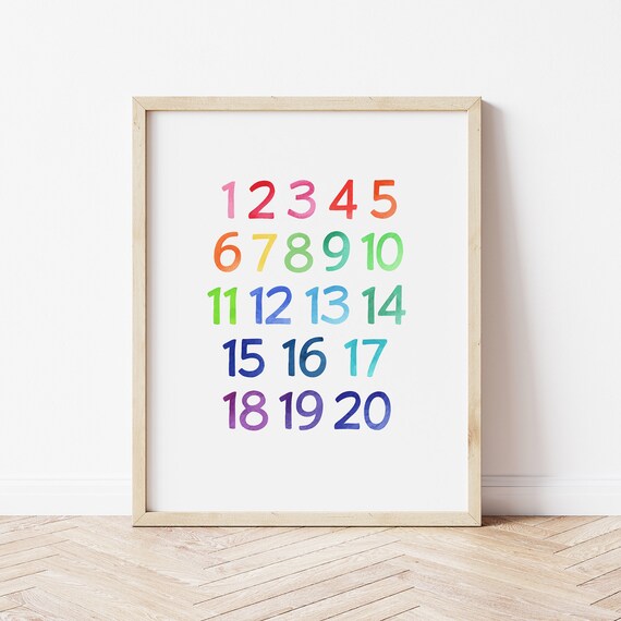 Rainbow Numbers 1-20 Watercolor Educational Poster