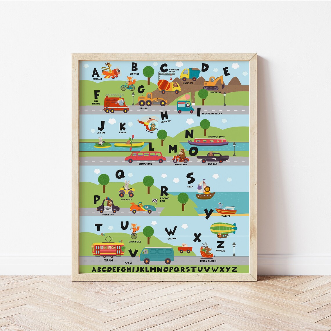 Transport Alphabet A To Z Cartoon Vehicles Boys Playroom Poster - Image 2