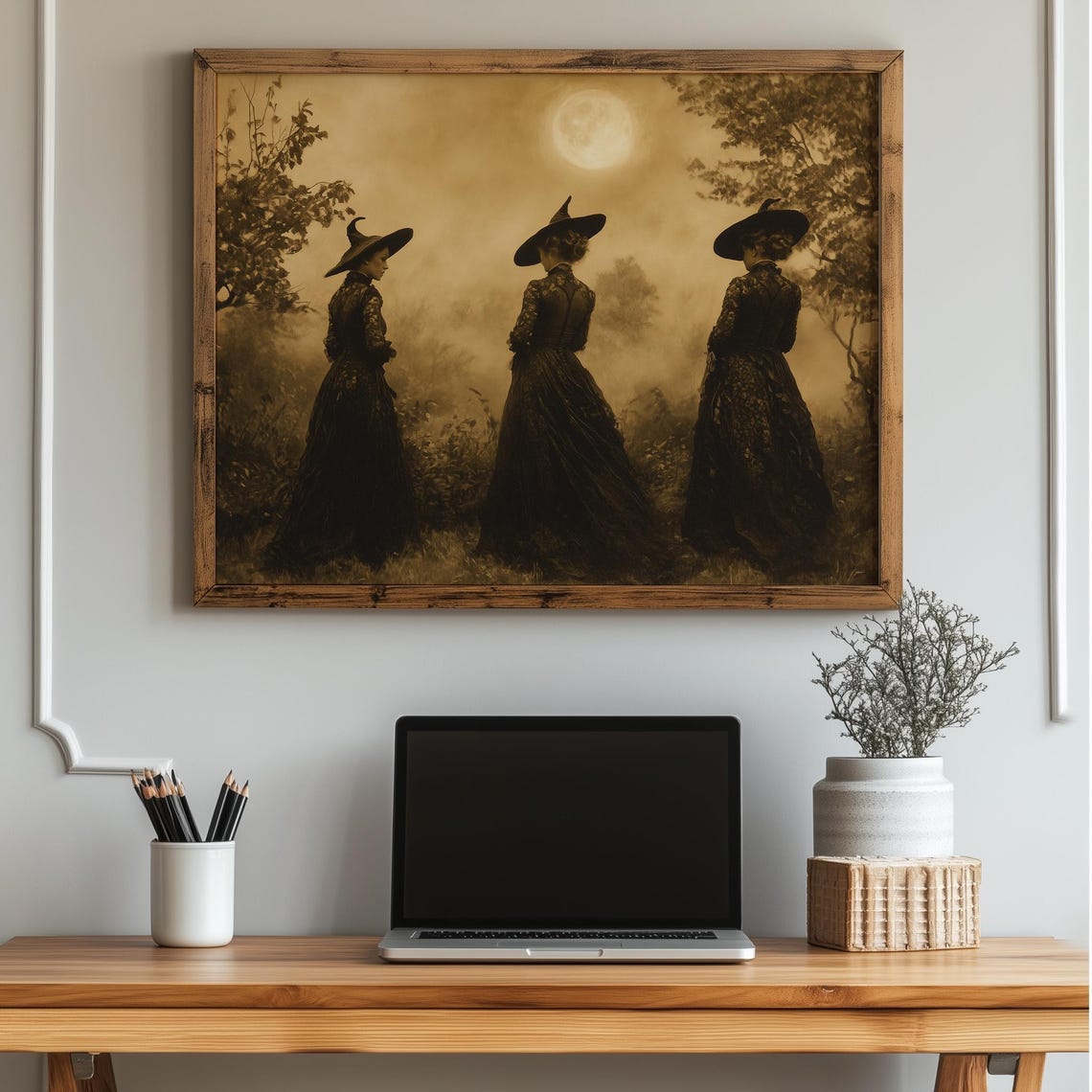 Three Witches in Sepia Moonlight Vintage Gothic Halloween Art Print