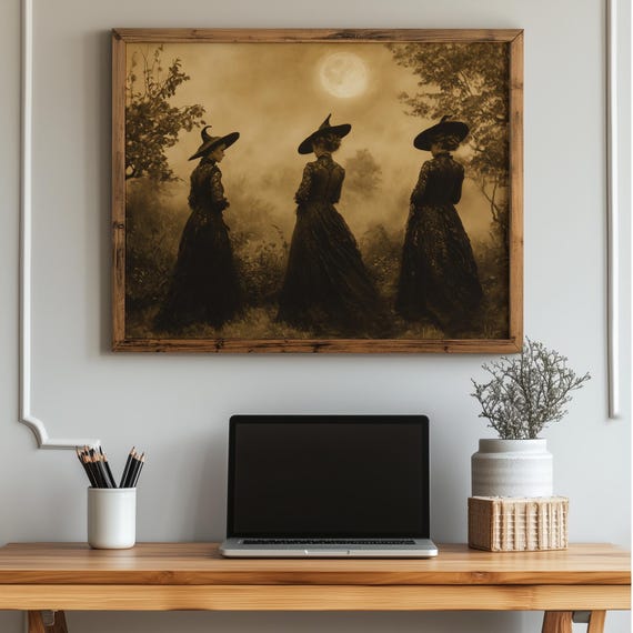 Vintage Witches Wall Art Sepia Gothic Halloween Decor Dark Victorian Spooky Autumn Witch Sisters Poster 59