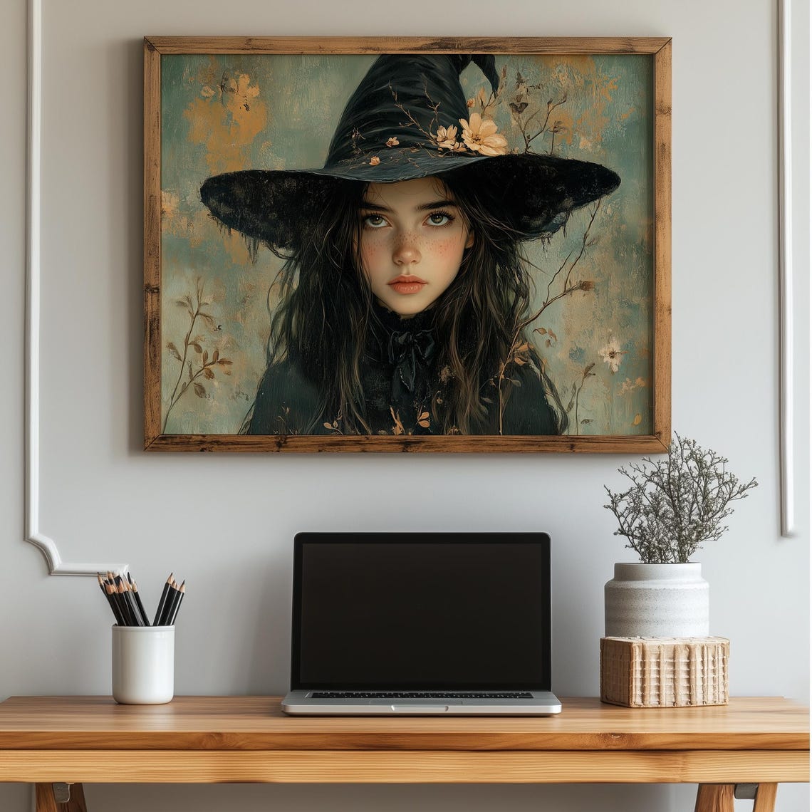 Enchanted Young Witch Portrait in Black Hat Cottage Garden Art Print