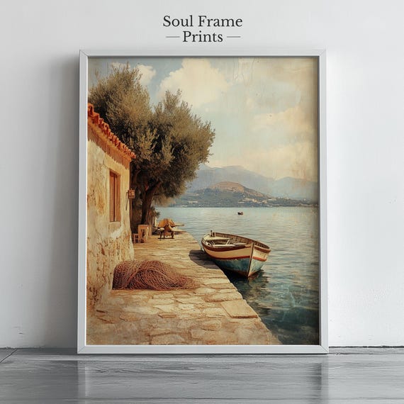 Vintage Mediterranean Boat Wall Art Coastal Fishing Village Rustic Dock Scene Painting For Kitchen Entryway Decor 433