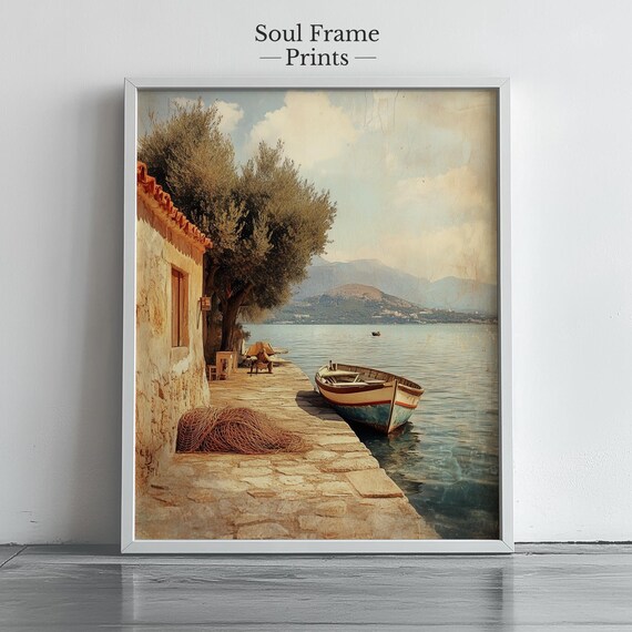 Vintage Mediterranean Fishing Dock With Wooden Boat And Net Poster