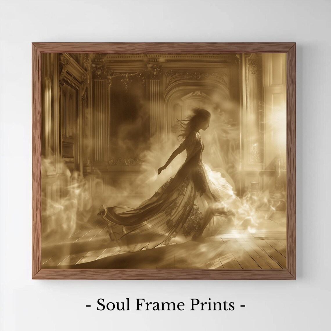 Ghostly Woman In Gown In Sepia Toned Grand Hallway Vintage Art Poster