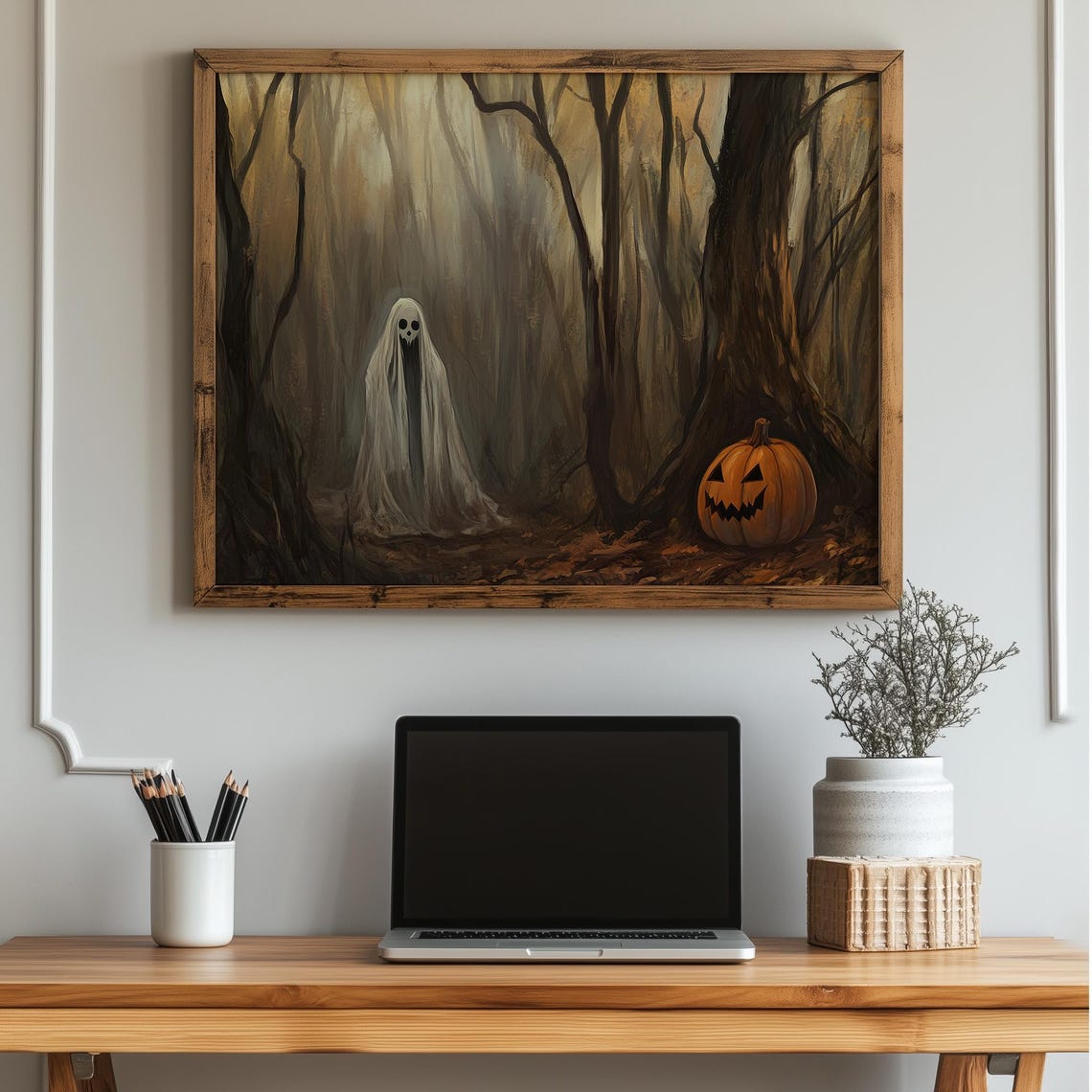 Spooky Ghost in a Misty Forest With Jack-o'-Lantern Art Print