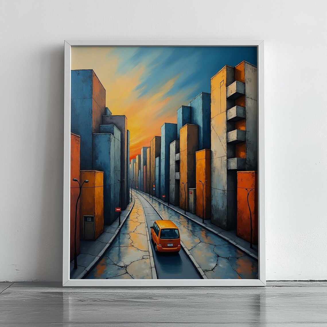 Surreal Geometric City Street Sunset With Orange Car Art Print