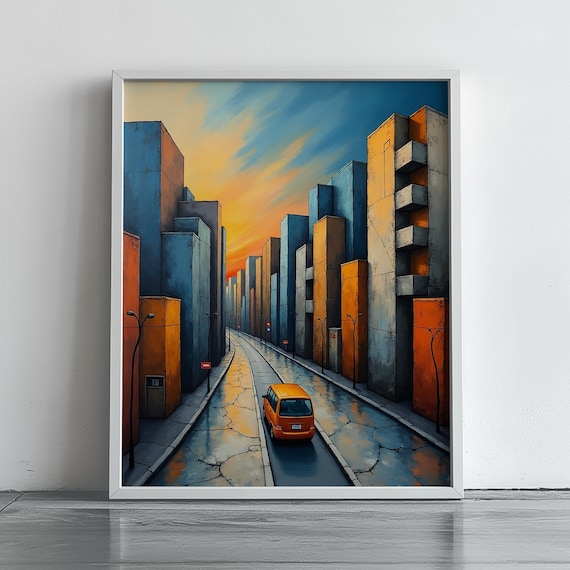 Surreal Geometric City Street Sunset With Orange Car Art Print