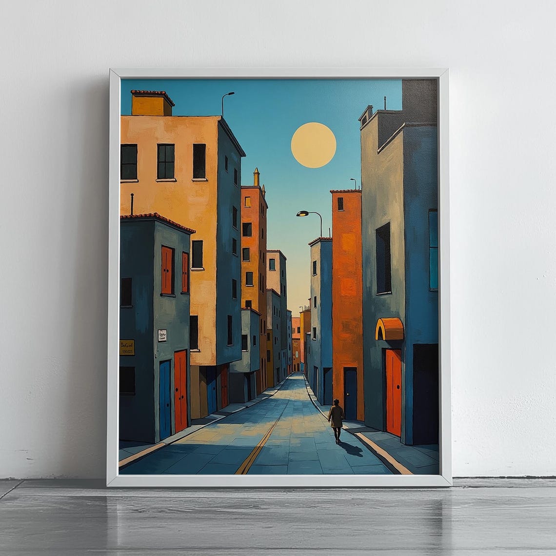 Moonlit Narrow Old City Street Painting Night Scene Wall Art