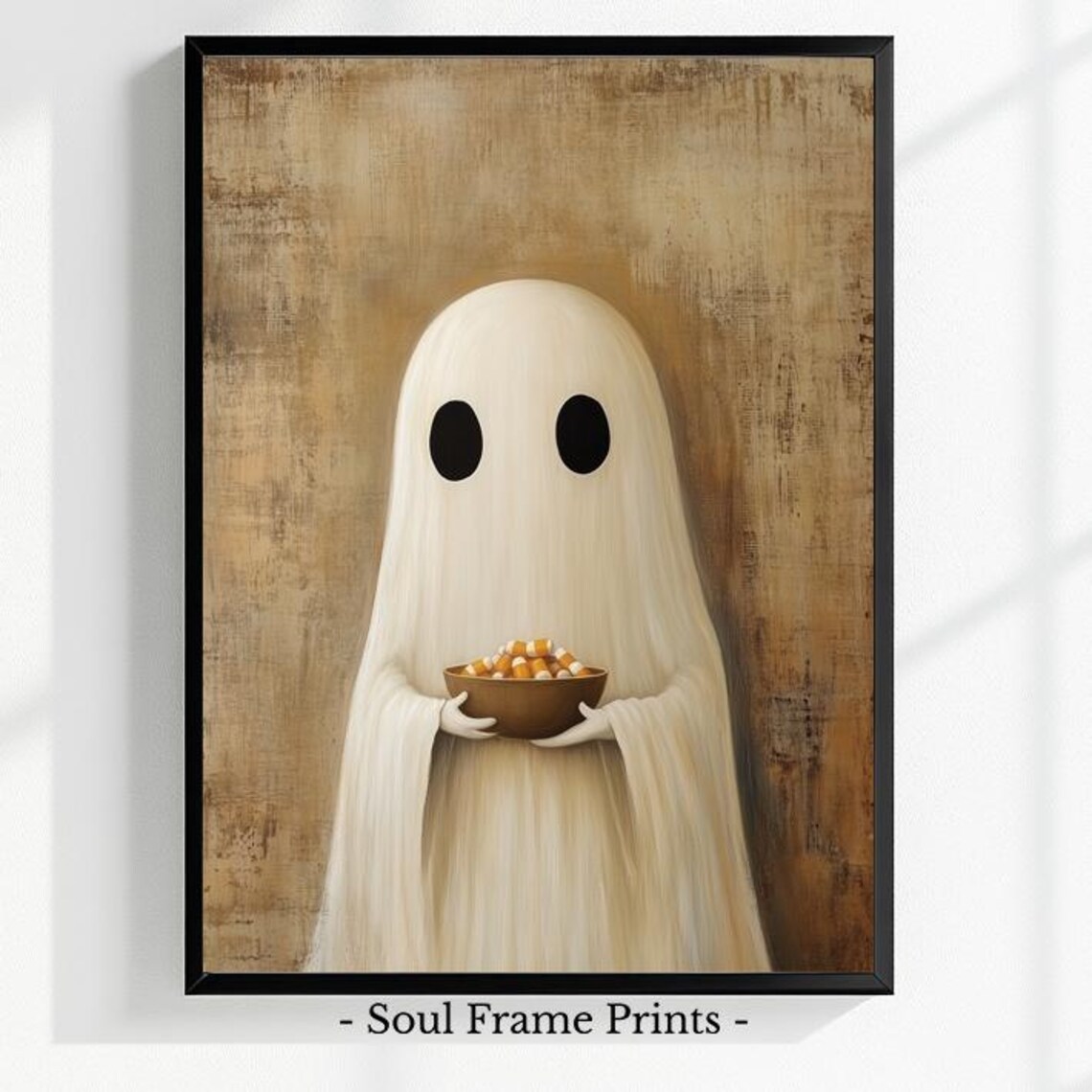 Cute Ghost Offering a Bowl of Candy Corn Sweet Halloween Art Poster