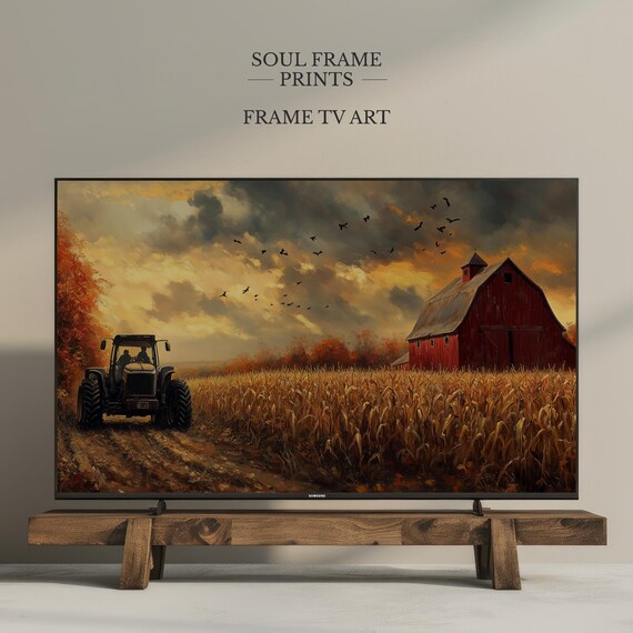 Rustic Fall Harvest Tractor Scene With Red Barn Frame TV Poster