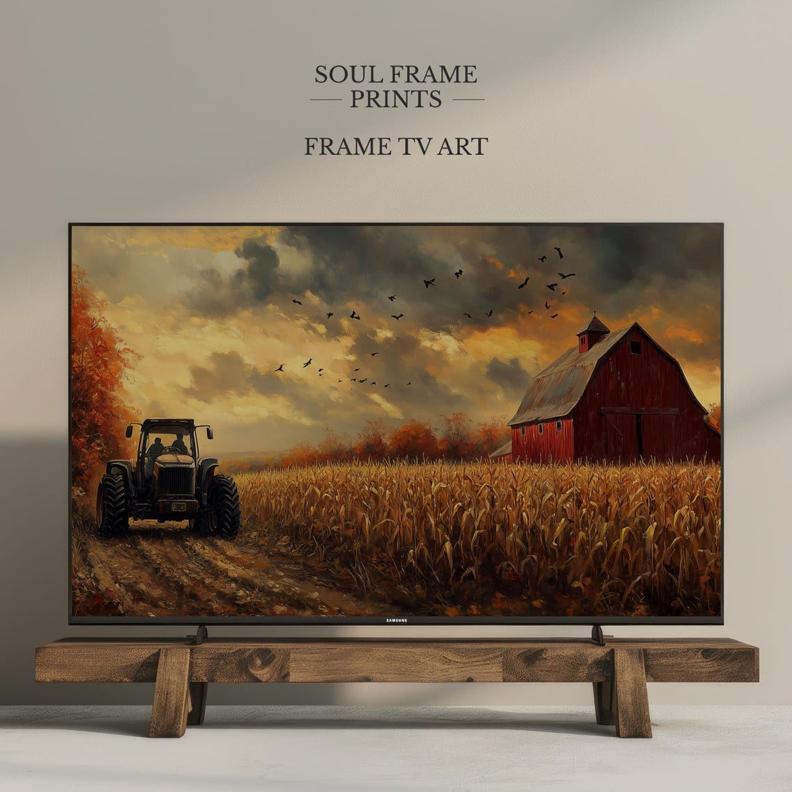 Rustic Fall Harvest Tractor Scene With Red Barn Frame TV Poster