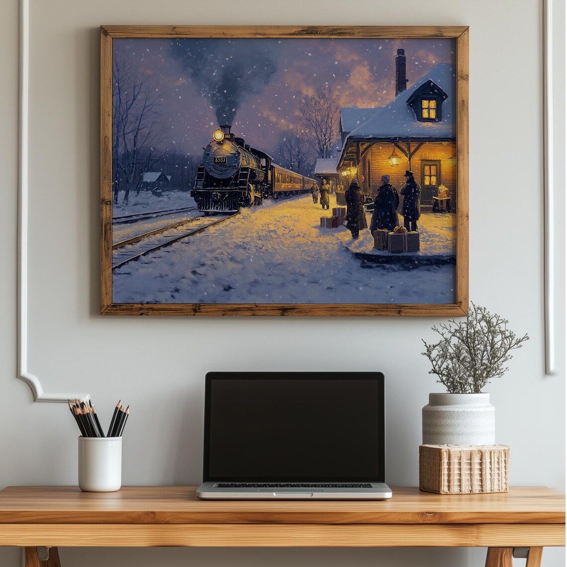 Vintage Steam Train Snowy Station Night Holiday Christmas Poster