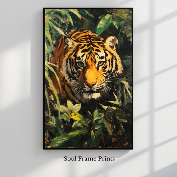 Majestic Bengal Tiger Oil Painting Vintage Wildlife Art Jungle Scene Wall Decor Rustic Nature Print 505