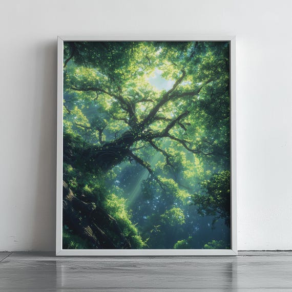 Lush Forest Canopy With Sunlit Branches Earthy Nature Scene Wall Art Rustic Summer Decor Tranquil Greenery Print 223