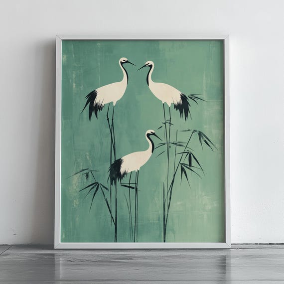Elegant Cranes Wall Art Japandi Style Bamboo Limb Tranquil Home Decor Minimalist Nature Print 308