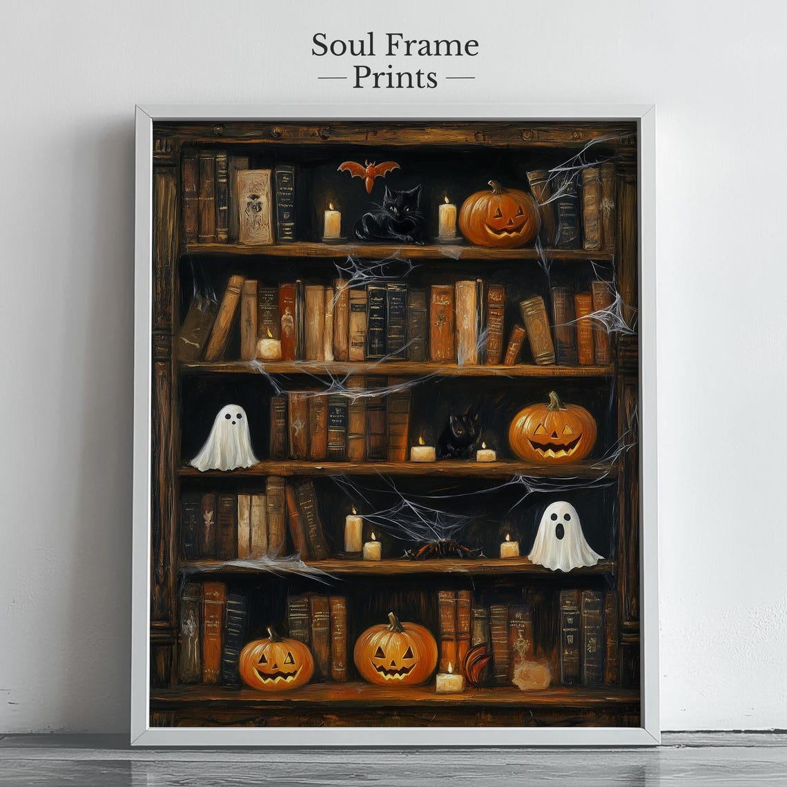 Halloween Bookshelf Art Vintage Spooky Decor Ghosts And Pumpkins Whimsical Book Set Illustration Rustic Fall Wall Print 573