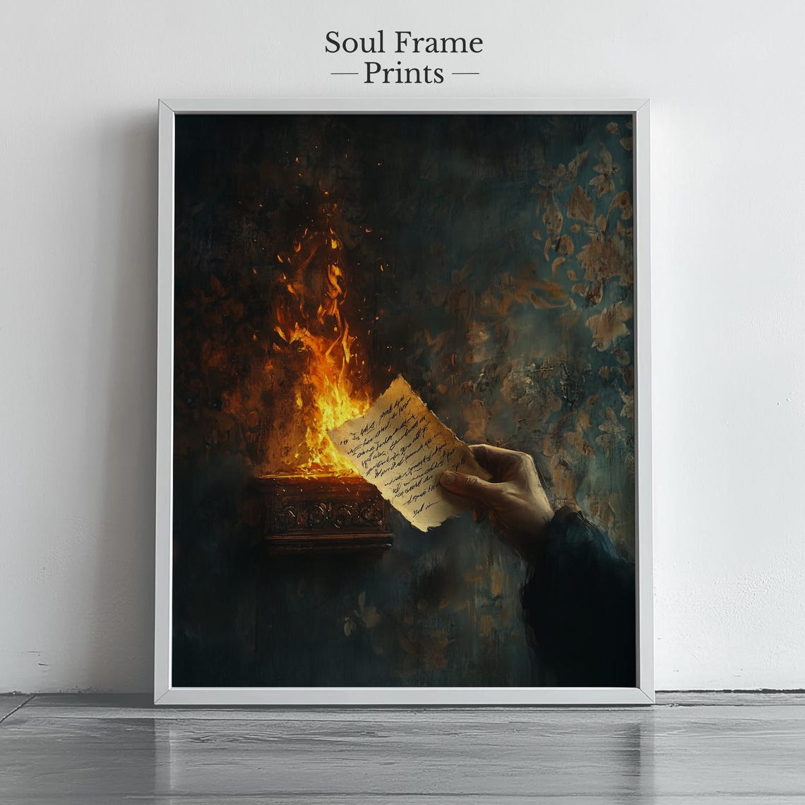 Gothic Wall Art Dramatic Fireplace Scene Painting Dark Romantic For Writers Readers Or Moody Decor 429
