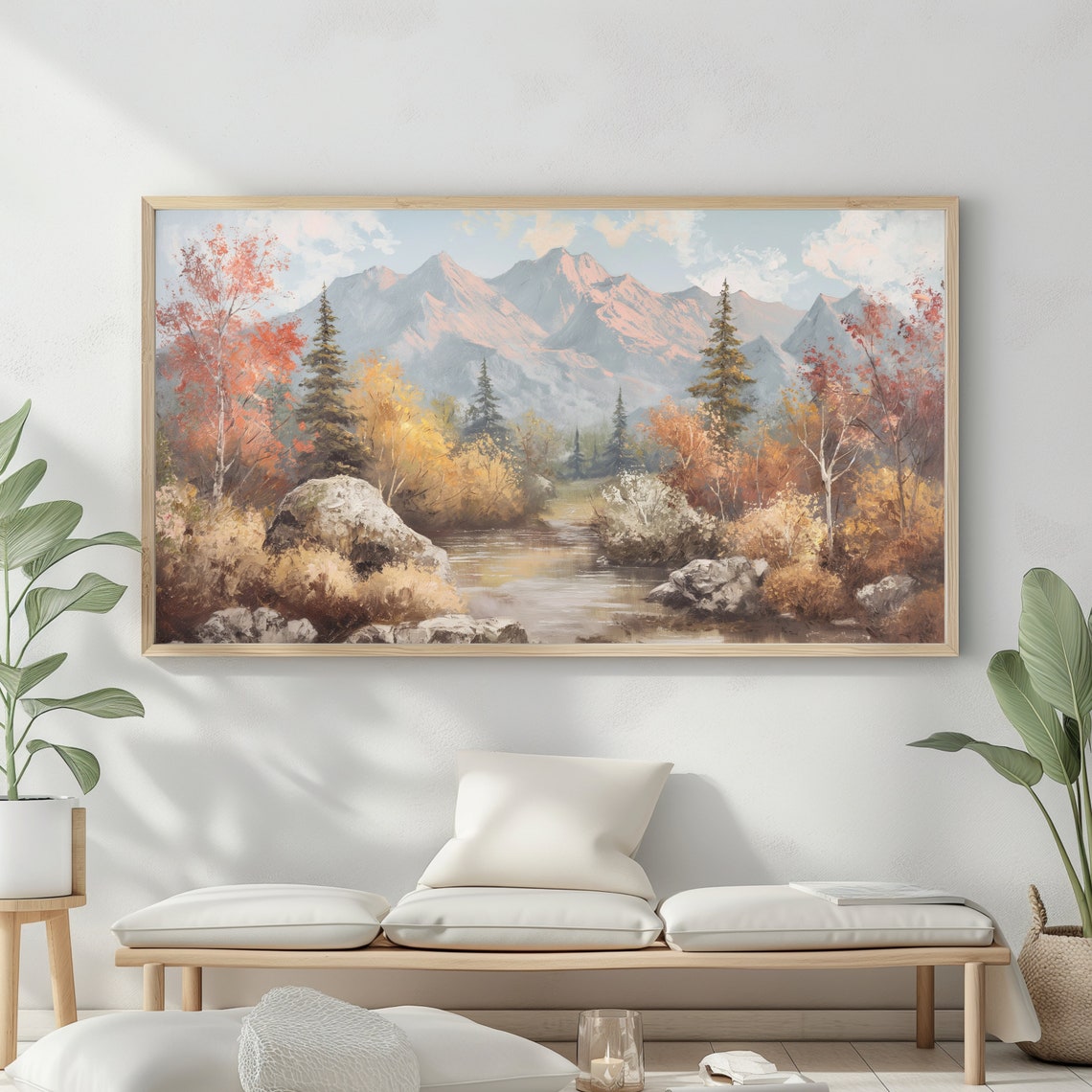 Mountain Landscape Frame Tv Art Moody Oil Painting Neutral Colours Rustic Scenery Farmhouse Decor - Image 2
