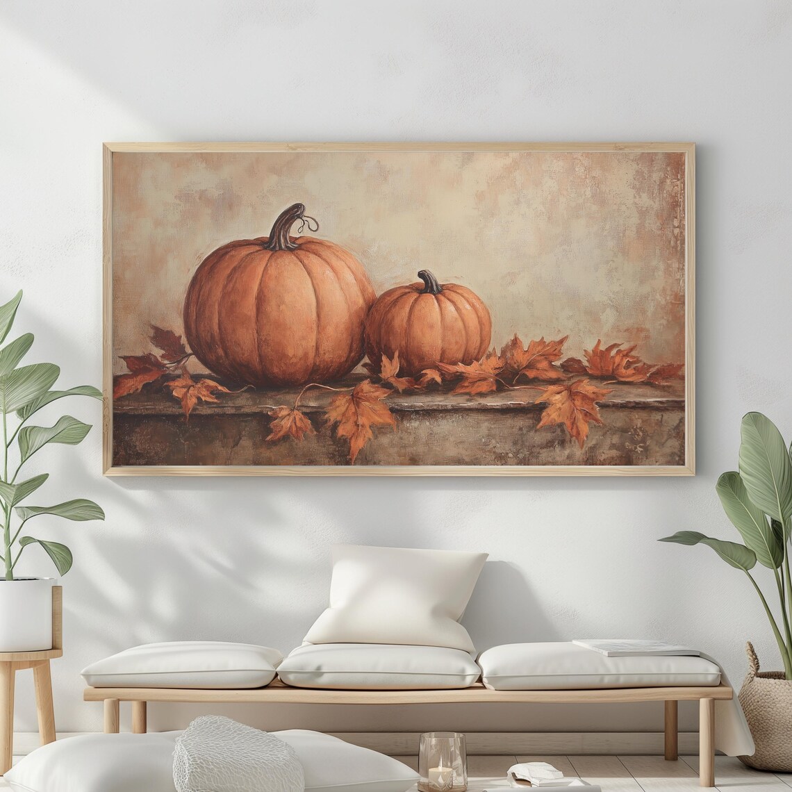 Two Pumpkins Maple Leaves Rustic Ledge Warm Fall Harvest Still Life Poster - Image 2