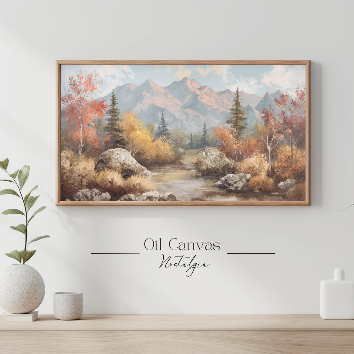 Mountain Landscape Frame Tv Art Moody Oil Painting Neutral Colours Rustic Scenery Farmhouse Decor - Image 3