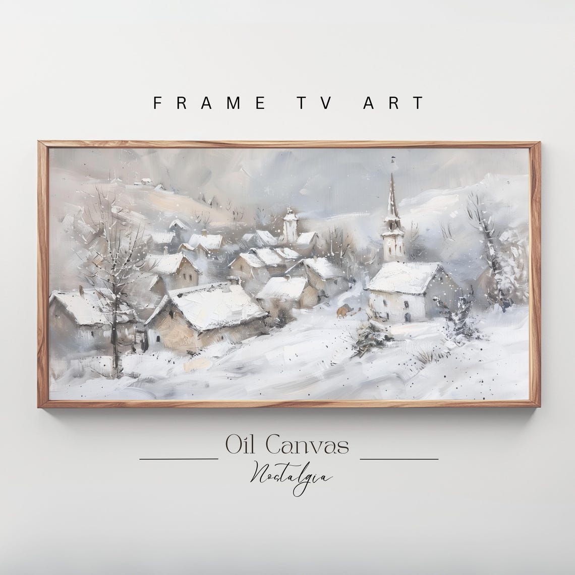 Snowy Mountain Village Church Spire Soft Gray Winter Wall Art