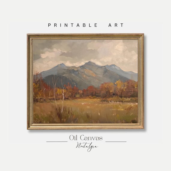 Mountain Landscape Wall Art Moody Oil Painting Neutral Colours Rustic Scenery Farmhouse Decor
