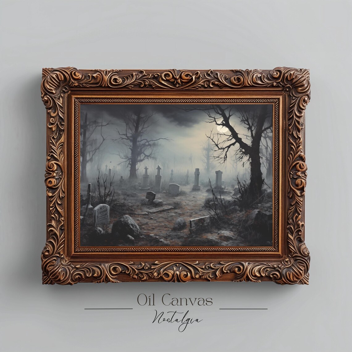 Haunted Graveyard Night Moon Foggy Tombstones Spooky Halloween Art Poster - Image 2