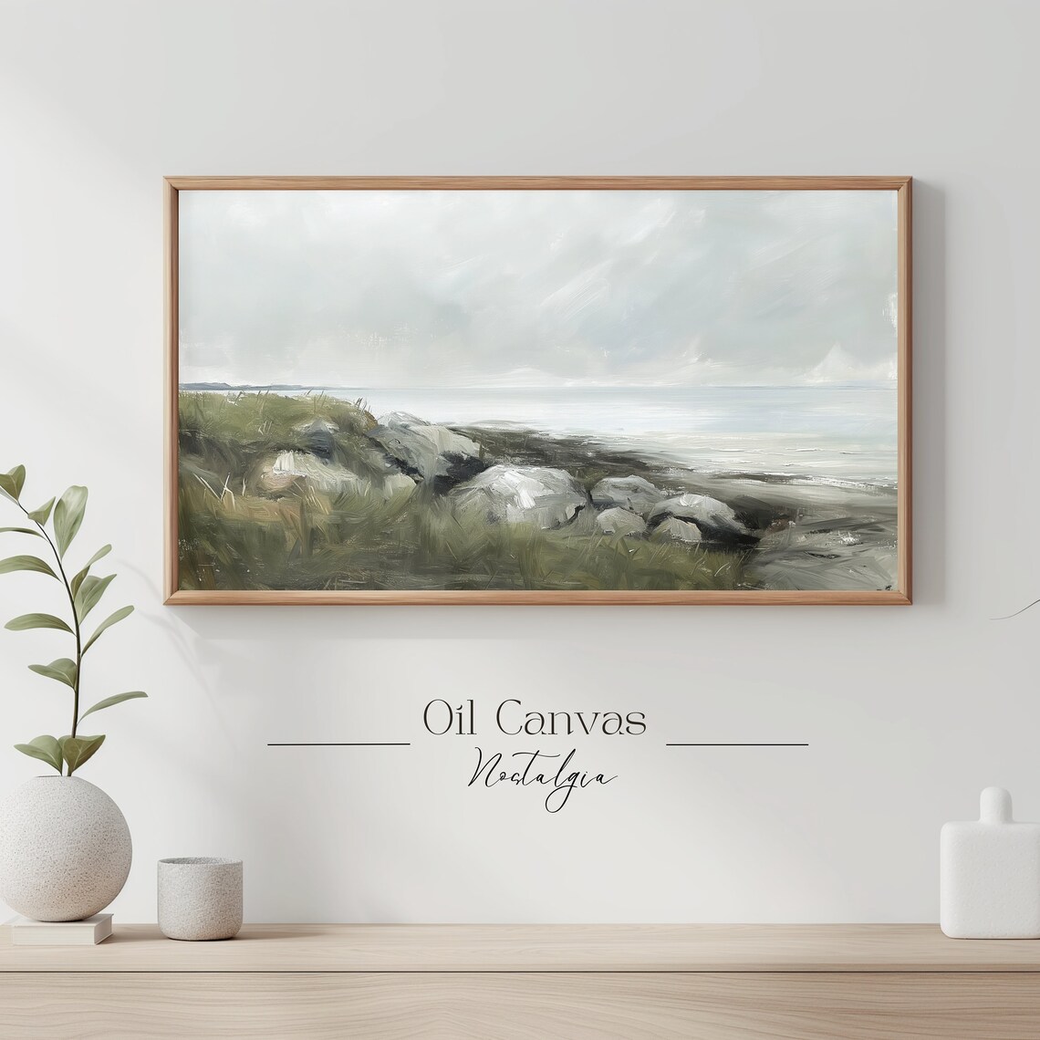 Misty Gray Green Coastal Shore Rocky Beach Vintage Seascape Poster - Image 3