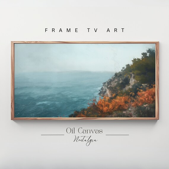 Frame Tv Art Vintage Beach Oil Painting Summer Sea Art Ocean Frame Tv Art Costal Landscape Blue Nautical Seascape