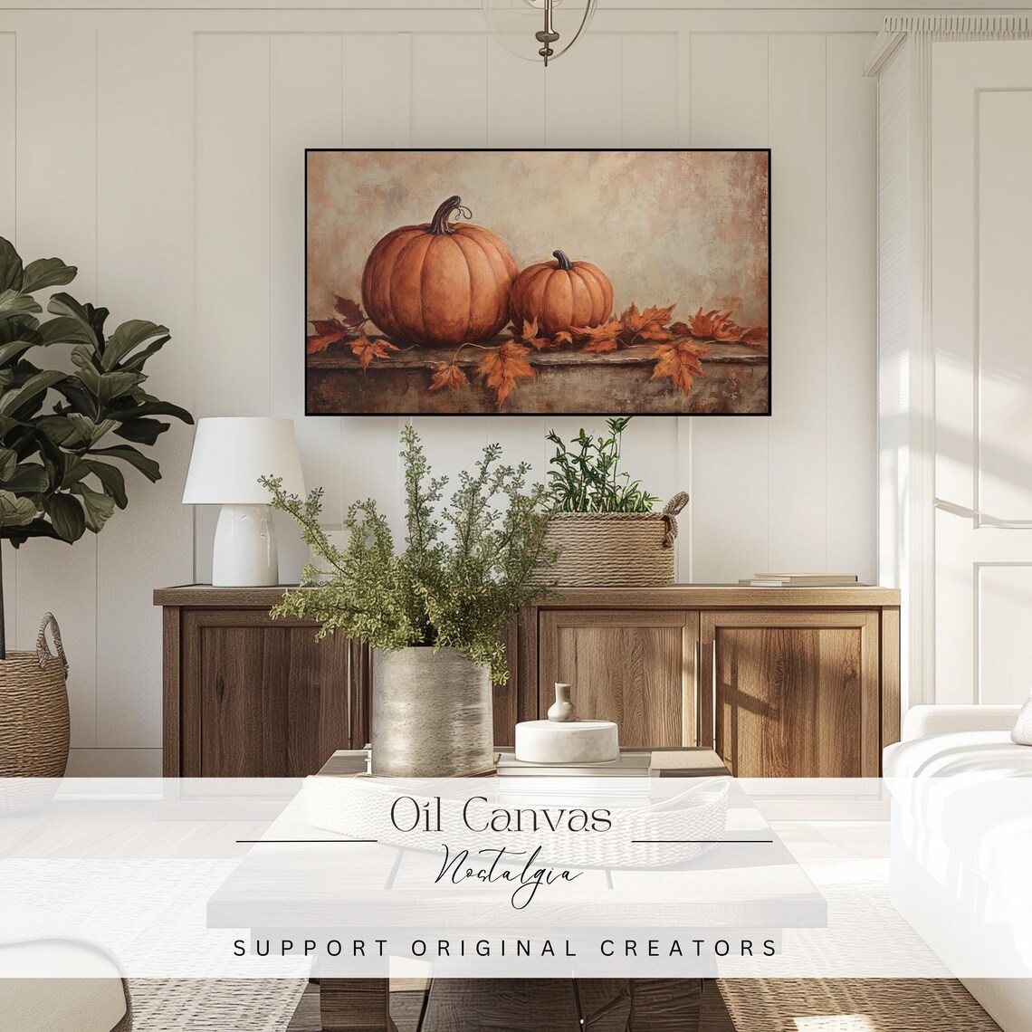 Two Pumpkins Maple Leaves Rustic Ledge Warm Fall Harvest Still Life Poster - Image 3