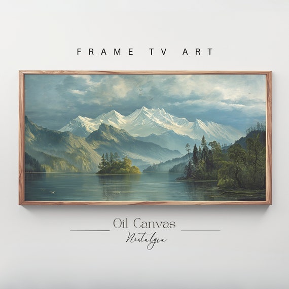 Mountain Landscape Frame Tv Art Vintage Rustic Scenery Oil Painting Farmhouse Decor Nature Wall Art Instant