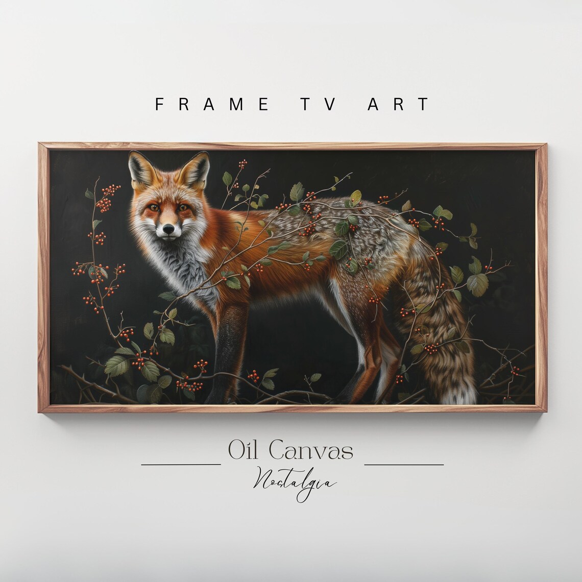 Red Fox Among Winter Berry Branches Dark Moody Oil Painting Wall Art Poster