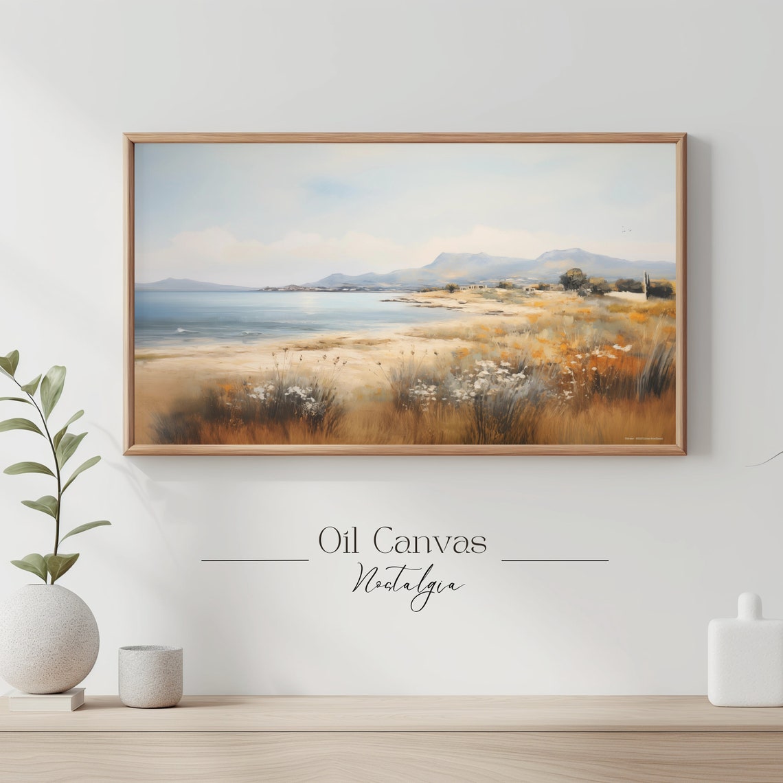 Peaceful Shore Golden Grasses Calm Bay Distant Mountains Beach Poster - Image 3