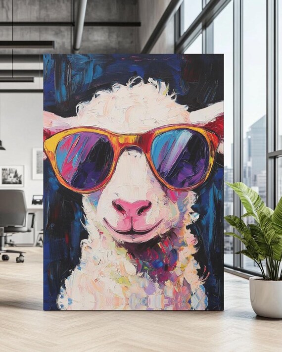 Cool Sheep Wall Art Funky Animal Canvas Print Colorful Farmhouse Decor Funny Painting Modern Quirky Barn