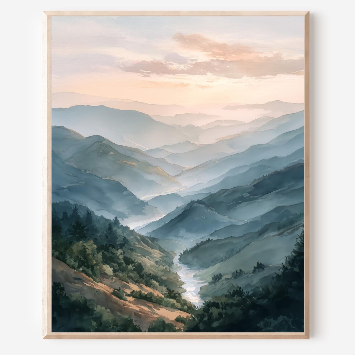Blue Ridge Mountains Watercolor Sunset Valley Landscape Poster