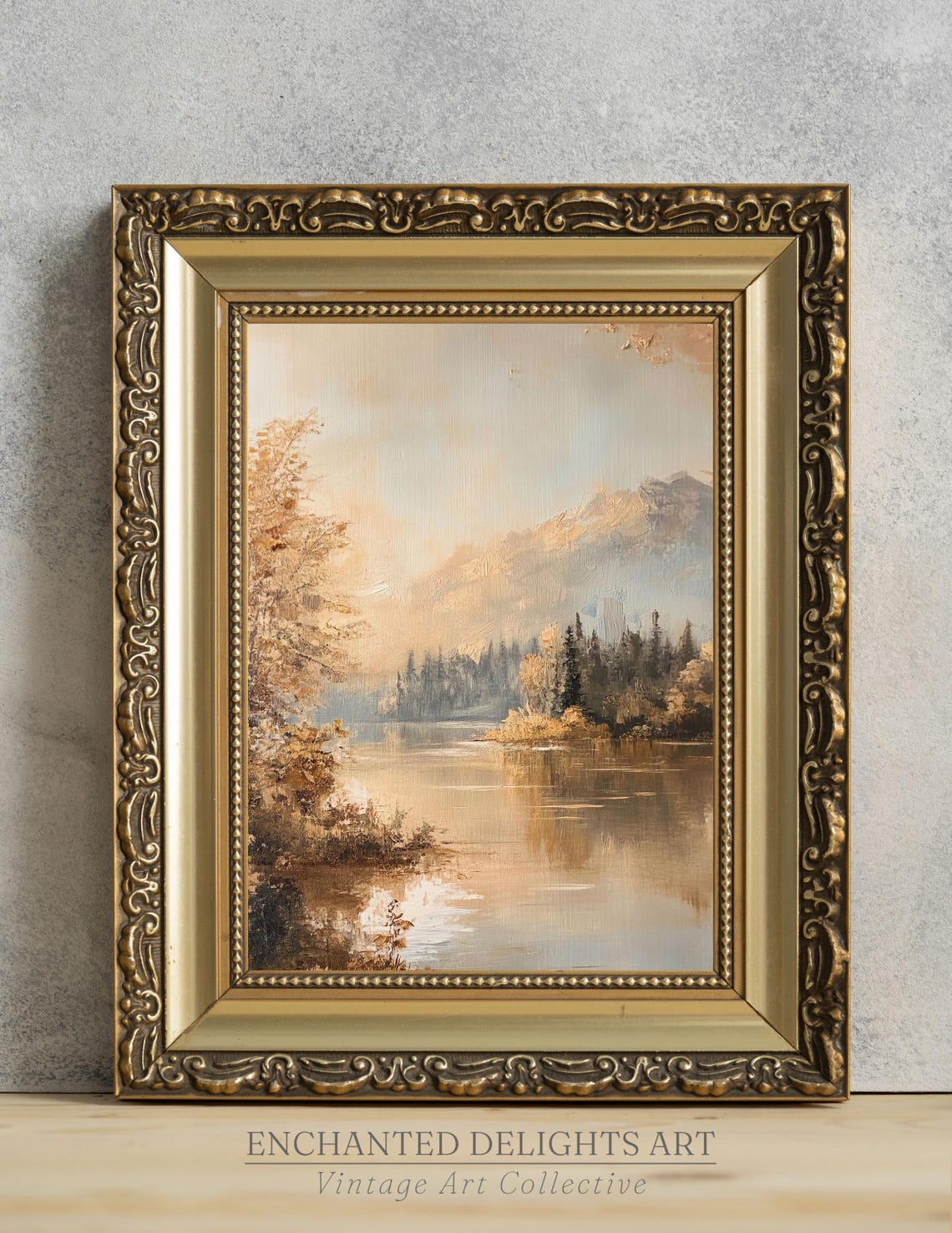 Rustic Fall Lake Mountain Trees Muted Vintage Landscape Poster