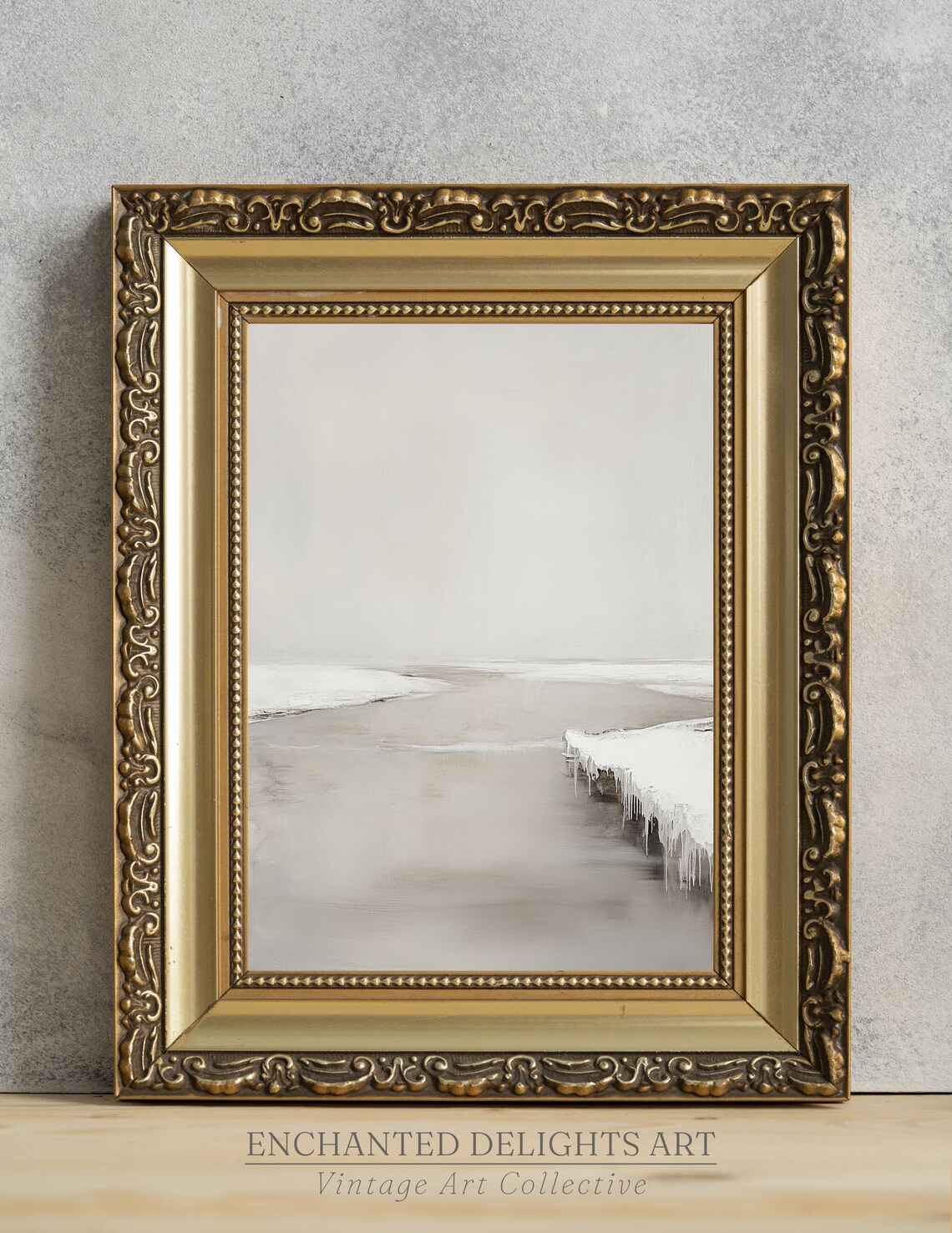 Minimalist Frozen Winter Beach Painting Neutral Beige Coastal Art Poster