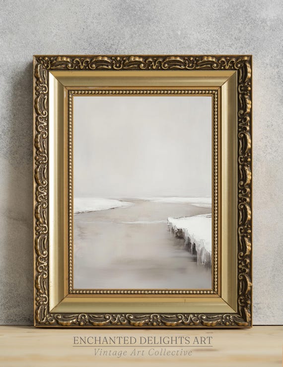Vintage Winter River Painting Gallery Wall Art Neutral Home Decor Minimalist Composition Print