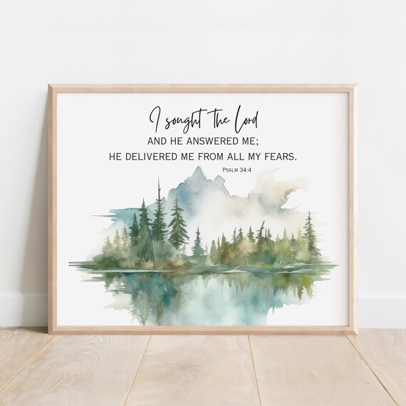 Psalm 344 I Sought The Lord And He Answered Me Bible Verse Wall Art Christian Gift Watercolor Mountain Forest Tree Scripture Print