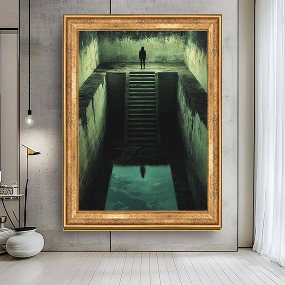 Mysterious Dark Stairs Wall Art Print Surreal Abstract Landscape With Shadow Reflection Modern Gothic Home Decor Unique Large Art