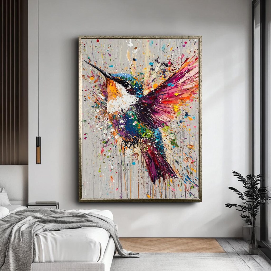 Colorful Hummingbird Splash Paint Splatter Abstract Bird Art Poster - Image 5